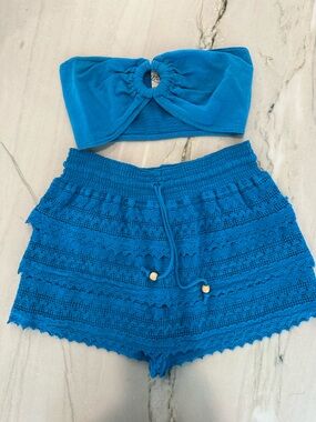 Bright Turquoise Blue Crochet Knit Short Set